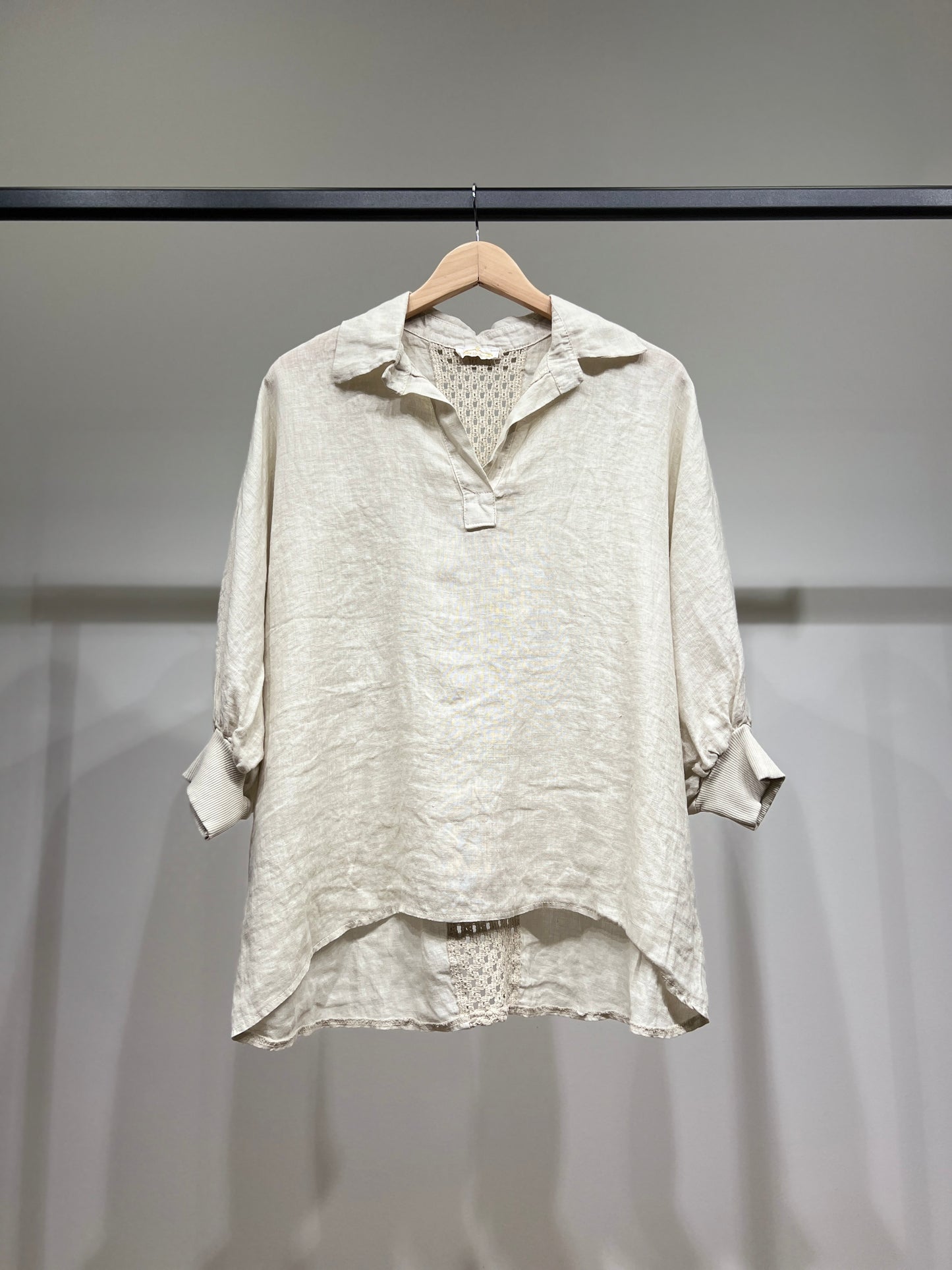 Chemisier Large Col V Manche Chauve Souris Bouffante 100% Lin