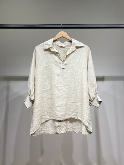 Chemisier Large Col V Manche Chauve Souris Bouffante 100% Lin