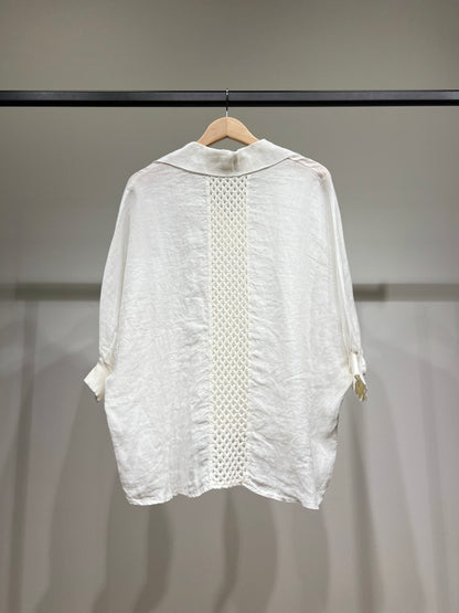 Chemisier Large Col V Manche Chauve Souris Bouffante 100% Lin