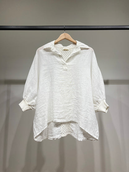 Chemisier Large Col V Manche Chauve Souris Bouffante 100% Lin