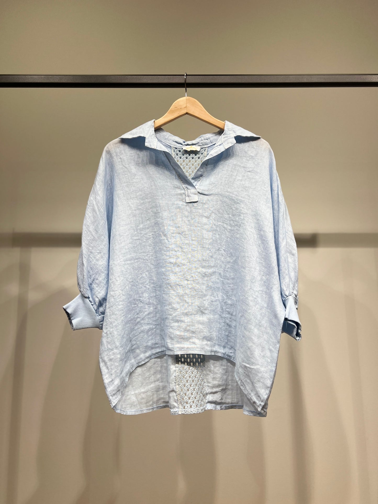 Chemisier Large Col V Manche Chauve Souris Bouffante 100% Lin