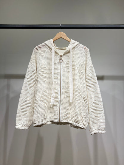 Sweat Capuche Maille Large Motif Losange à Lurex 90% Viscose