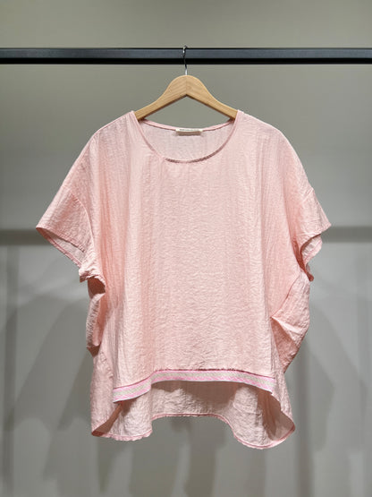 T-Shirt High-Low Manche Courte Galon Contrasté 100% Viscose