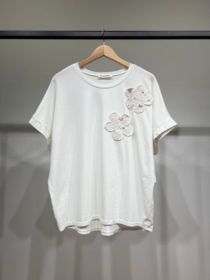 T-Shirt Manche Courte Motif Fleur Brodé Sequins 100% Coton
