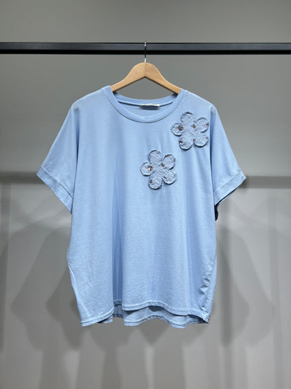 T-Shirt Manche Courte Motif Fleur Brodé Sequins 100% Coton