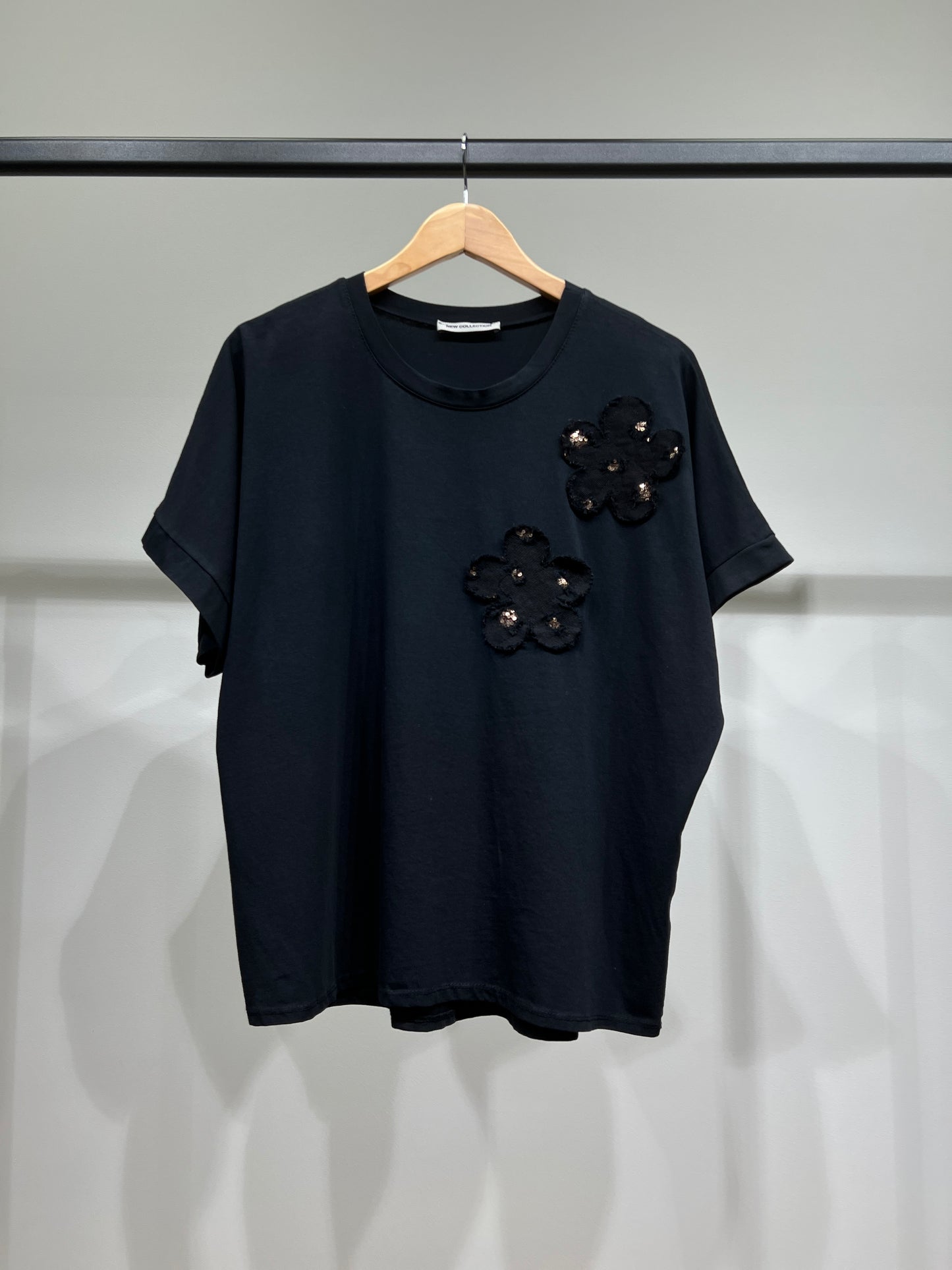 T-Shirt Manche Courte Motif Fleur Brodé Sequins 100% Coton