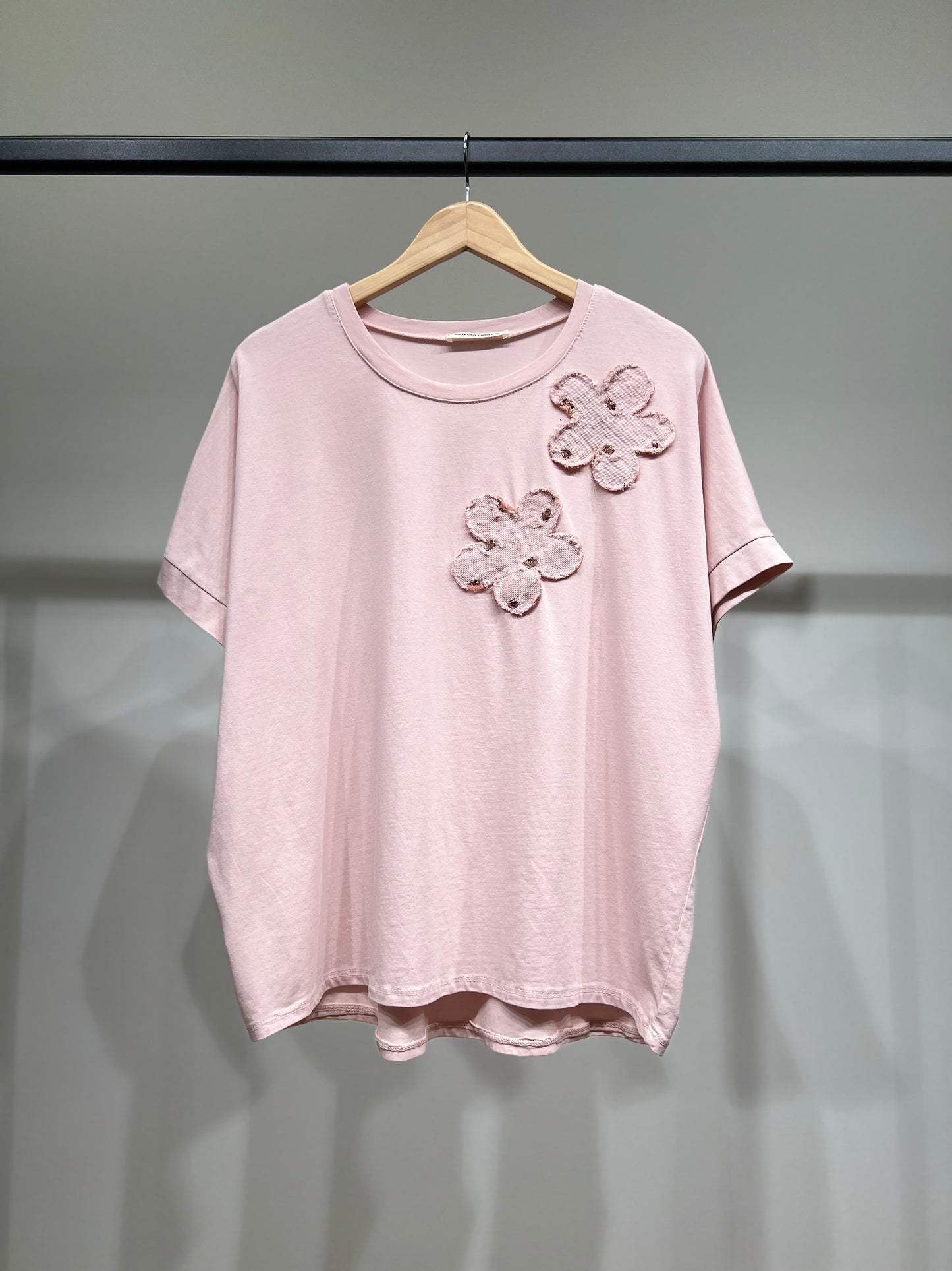 T-Shirt Manche Courte Motif Fleur Brodé Sequins 100% Coton