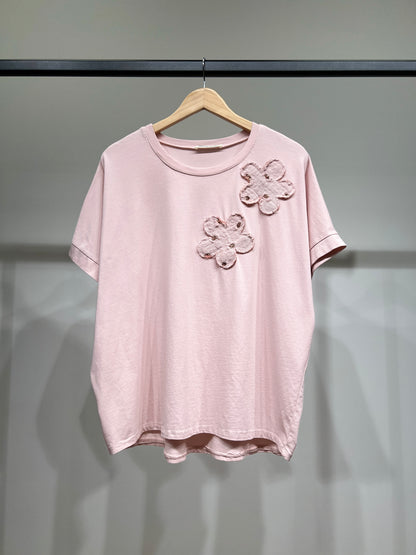 T-Shirt Manche Courte Motif Fleur Brodé Sequins 100% Coton