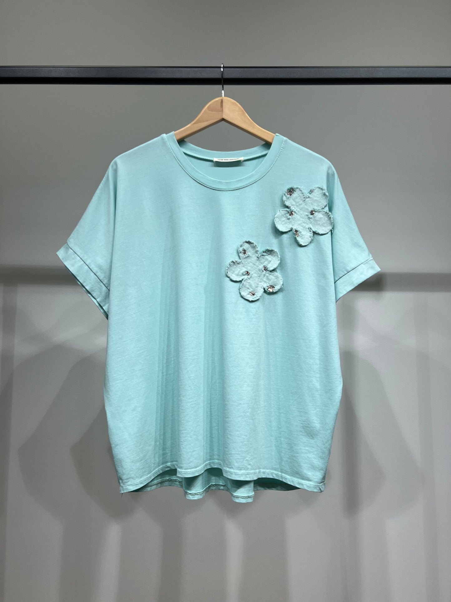 T-Shirt Manche Courte Motif Fleur Brodé Sequins 100% Coton