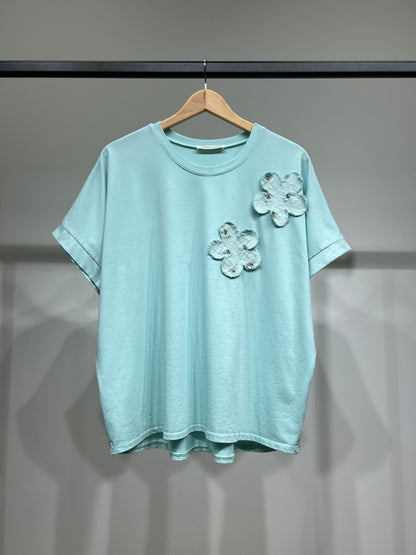 T-Shirt Manche Courte Motif Fleur Brodé Sequins 100% Coton