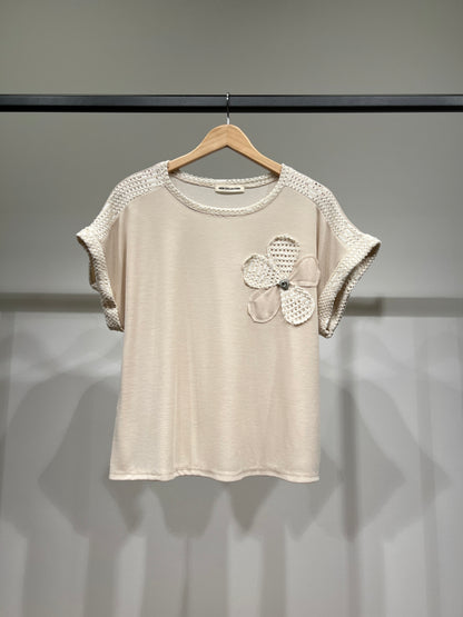 T-Shirt Décoration Maille Motif Floral à Paillette & Bijou 50% Viscose