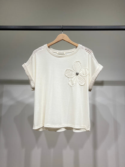 T-Shirt Décoration Maille Motif Floral à Paillette & Bijou 50% Viscose