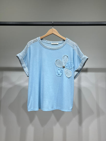 T-Shirt Décoration Maille Motif Floral à Paillette & Bijou 50% Viscose