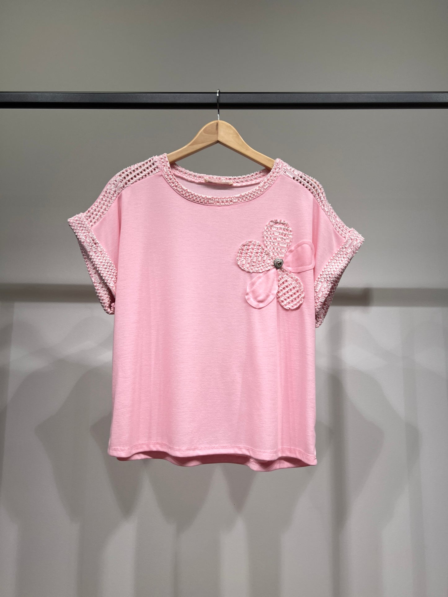 T-Shirt Décoration Maille Motif Floral à Paillette & Bijou 50% Viscose