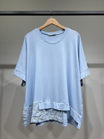 T-Shirt Large Manche Courte Asymétrique Dentelle 100% Coton