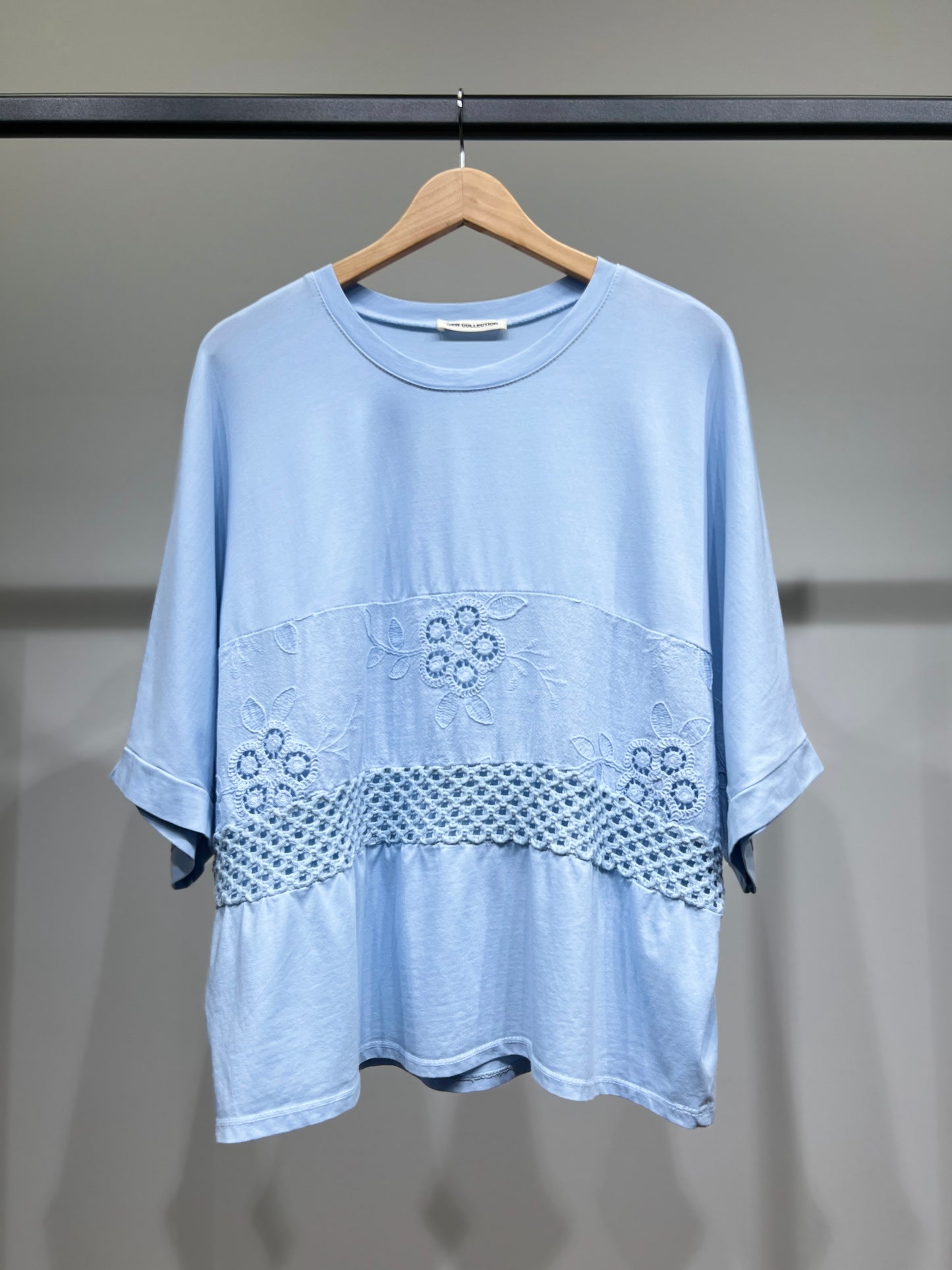 T-Shirt Manche 3/4 Large Broderie Maille Ajourée 100% Coton