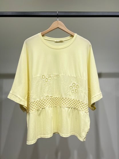 T-Shirt Manche 3/4 Large Broderie Maille Ajourée 100% Coton