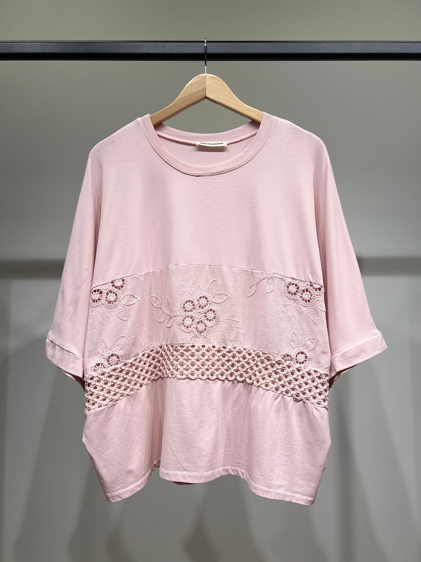 T-Shirt Manche 3/4 Large Broderie Maille Ajourée 100% Coton