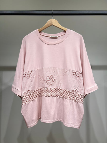 T-Shirt Manche 3/4 Large Broderie Maille Ajourée 100% Coton