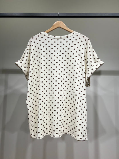 T-Shirt Large Col V Manche Courte Motif Pois 100% Coton
