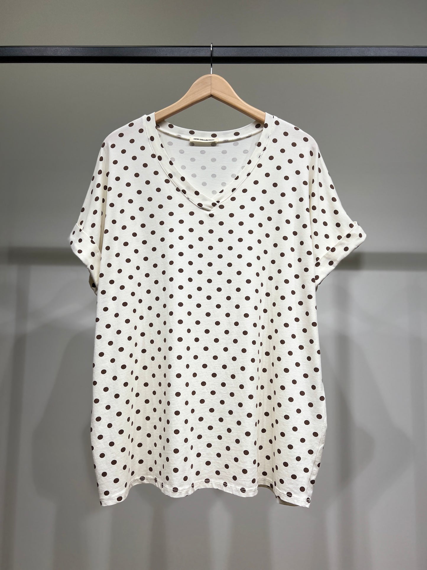 T-Shirt Large Col V Manche Courte Motif Pois 100% Coton