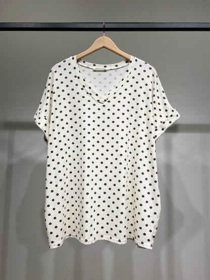 T-Shirt Large Col V Manche Courte Motif Pois 100% Coton