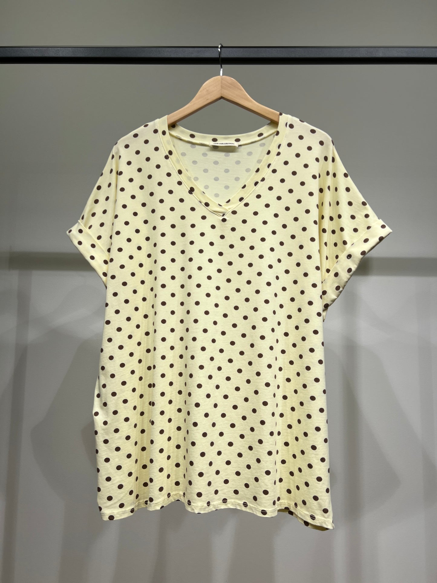 T-Shirt Large Col V Manche Courte Motif Pois 100% Coton