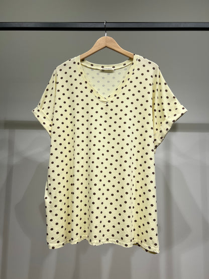 T-Shirt Large Col V Manche Courte Motif Pois 100% Coton