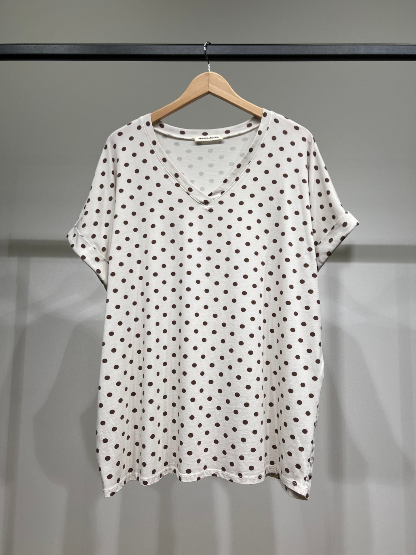 T-Shirt Large Col V Manche Courte Motif Pois 100% Coton