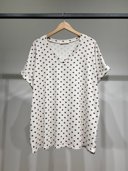 T-Shirt Large Col V Manche Courte Motif Pois 100% Coton