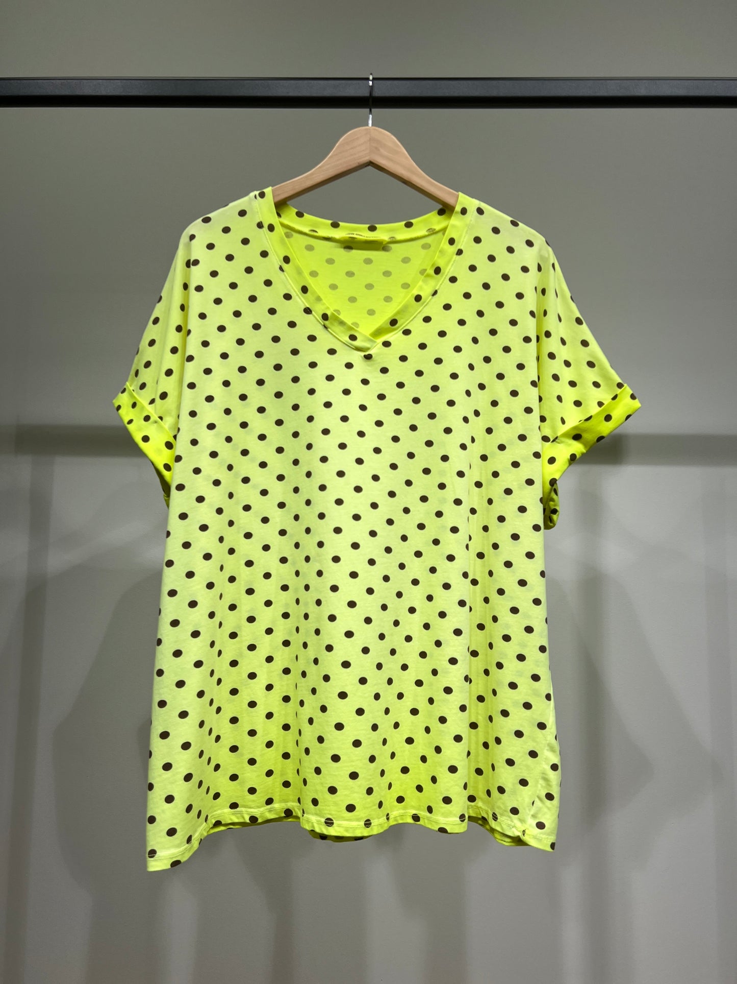 T-Shirt Large Col V Manche Courte Motif Pois 100% Coton