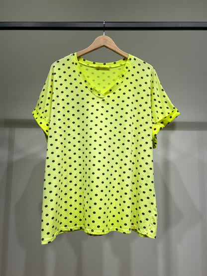 T-Shirt Large Col V Manche Courte Motif Pois 100% Coton