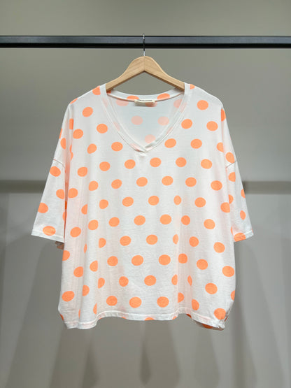 T-Shirt Large Manche Courte Col V Pois Colorés 100% Coton