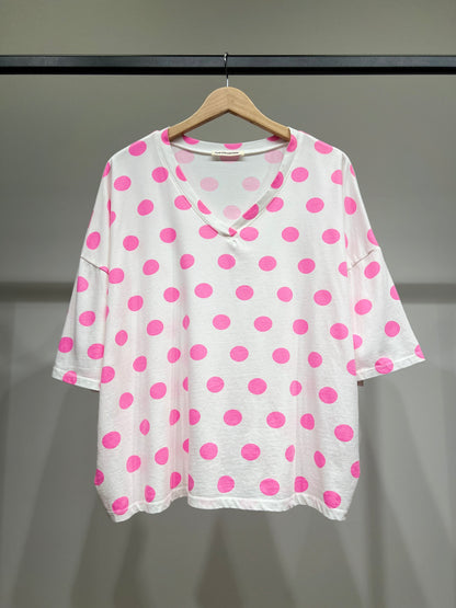 T-Shirt Large Manche Courte Col V Pois Colorés 100% Coton