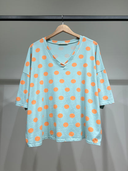 T-Shirt Large Manche Courte Col V Pois Colorés 100% Coton