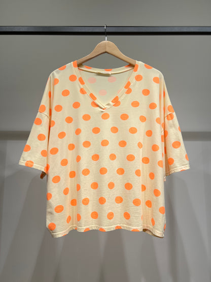 T-Shirt Large Manche Courte Col V Pois Colorés 100% Coton