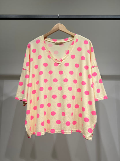 T-Shirt Large Manche Courte Col V Pois Colorés 100% Coton