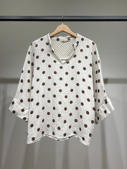 Chemisier Manche 3/4 à Maille Ajourée Motif Pois 100% Lin