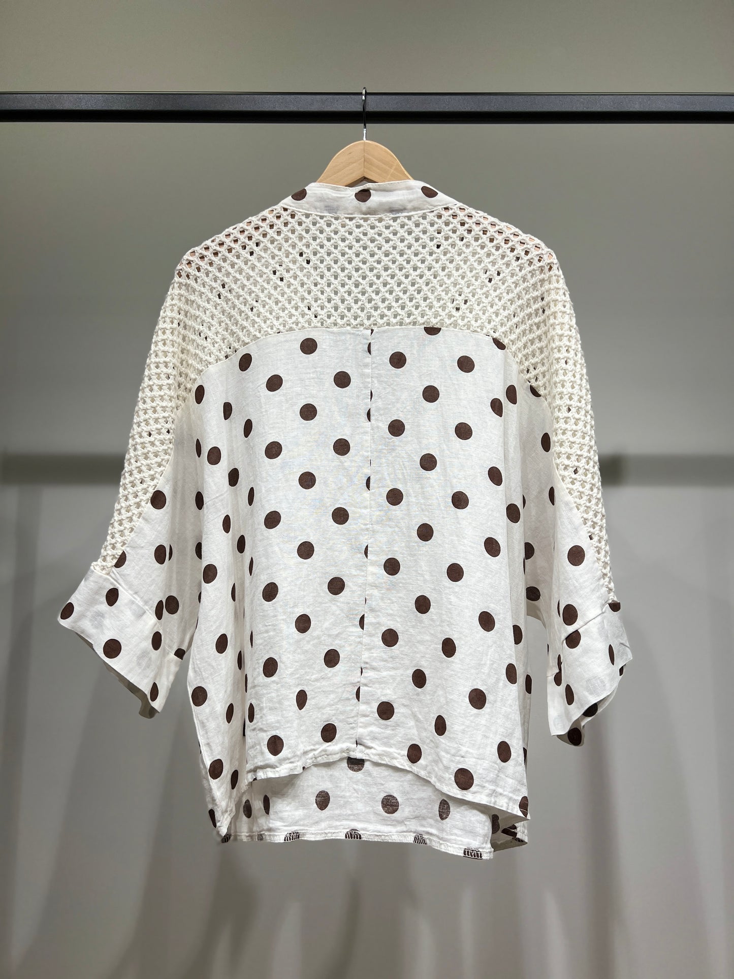 Chemisier Manche 3/4 à Maille Ajourée Motif Pois 100% Lin