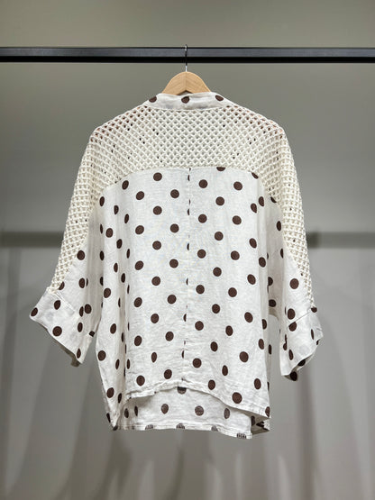 Chemisier Manche 3/4 à Maille Ajourée Motif Pois 100% Lin