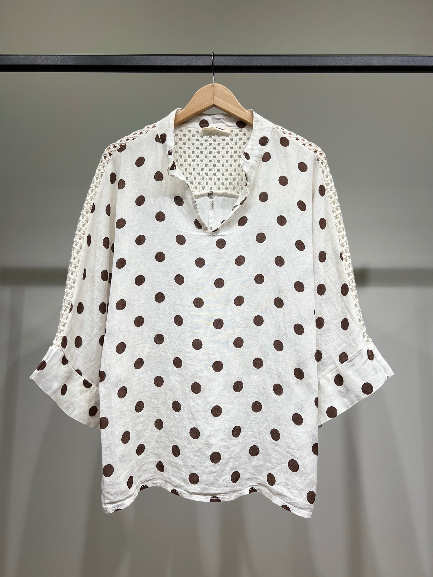 Chemisier Manche 3/4 à Maille Ajourée Motif Pois 100% Lin