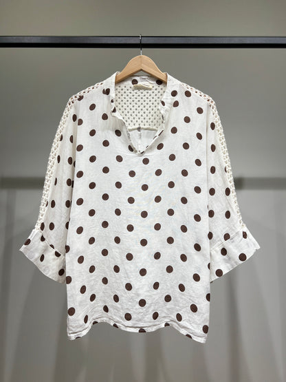 Chemisier Manche 3/4 à Maille Ajourée Motif Pois 100% Lin