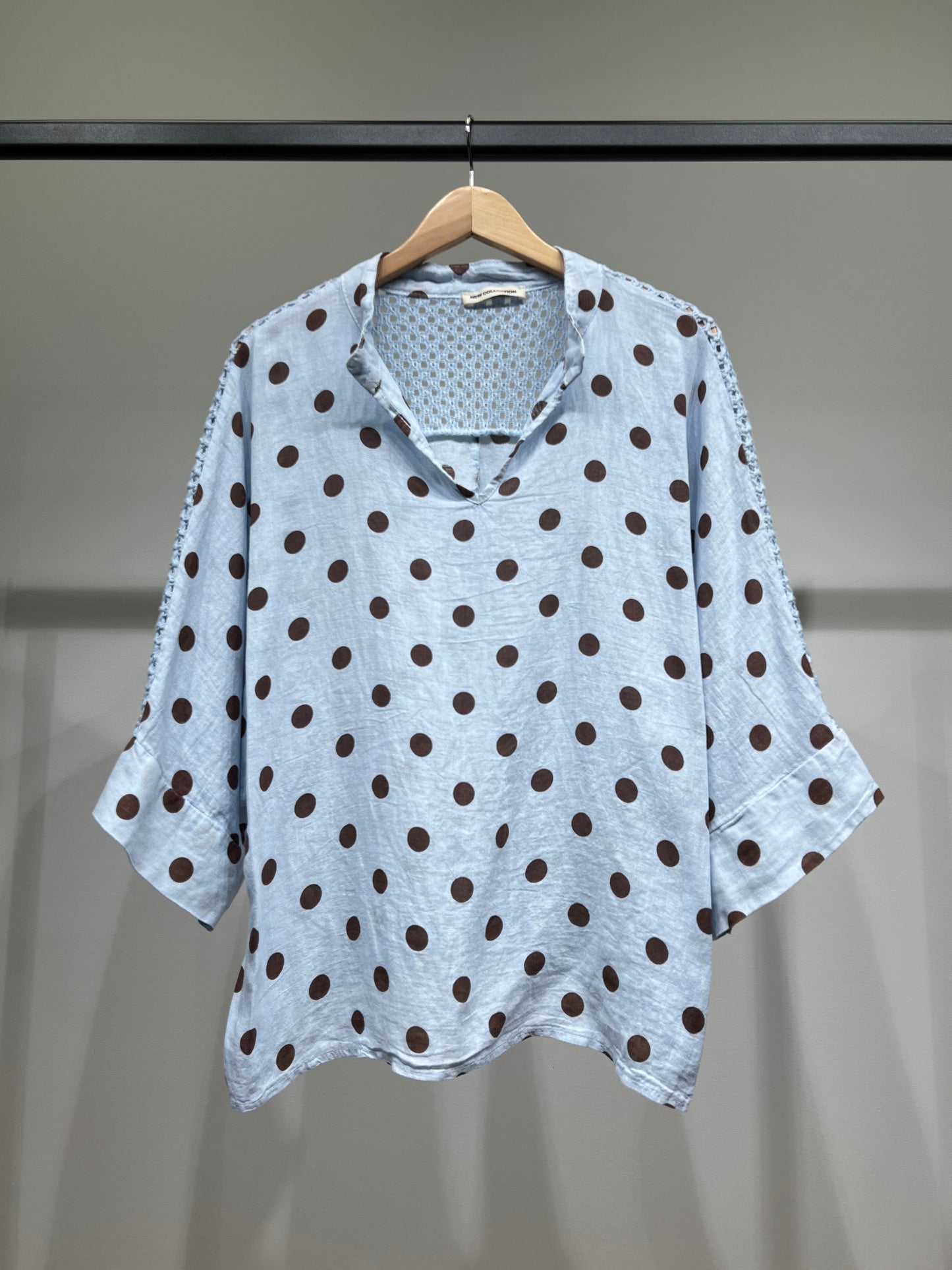 Chemisier Manche 3/4 à Maille Ajourée Motif Pois 100% Lin