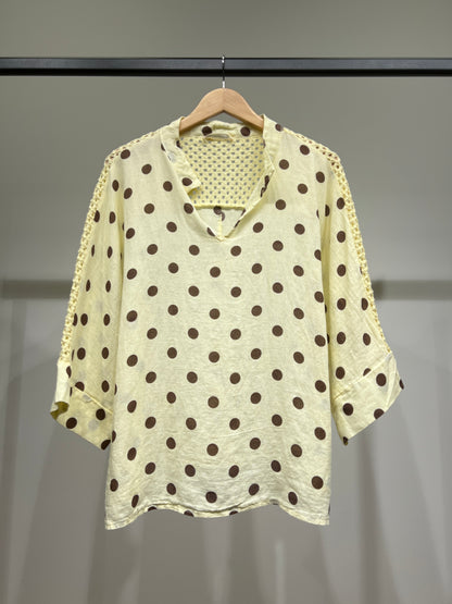 Chemisier Manche 3/4 à Maille Ajourée Motif Pois 100% Lin