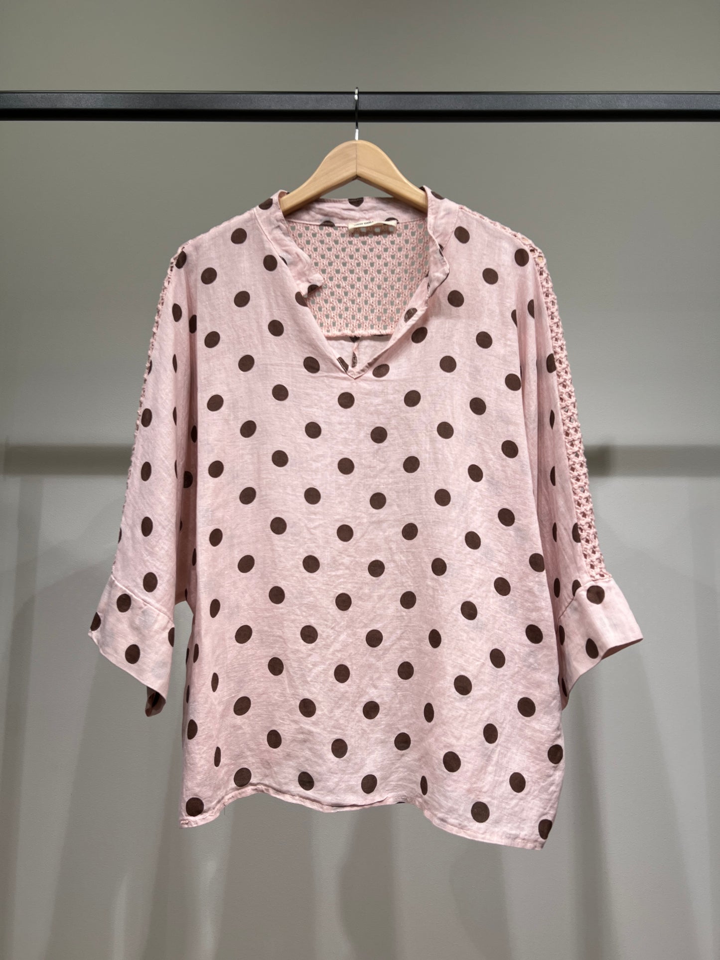 Chemisier Manche 3/4 à Maille Ajourée Motif Pois 100% Lin