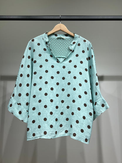 Chemisier Manche 3/4 à Maille Ajourée Motif Pois 100% Lin