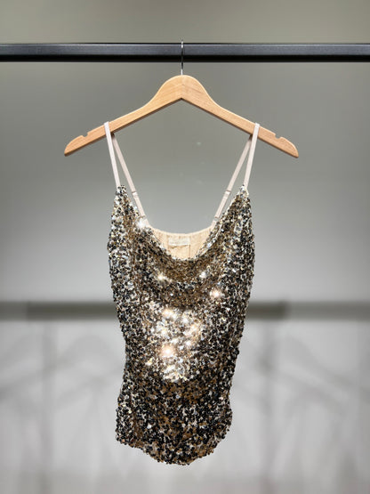 Débardeur Festif à Sequins à Bretelles Fines Ajustables Col Bénitier