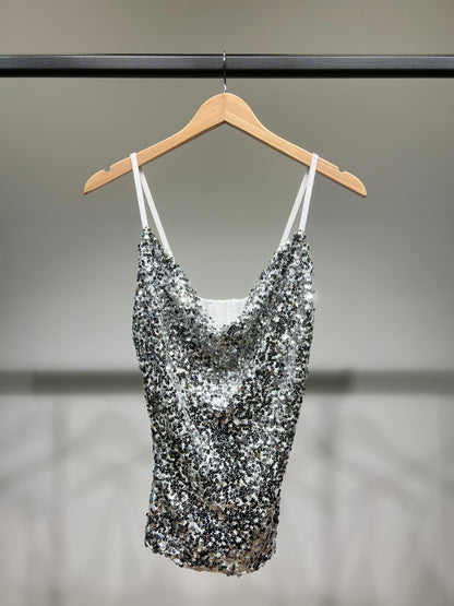 Débardeur Festif à Sequins à Bretelles Fines Ajustables Col Bénitier
