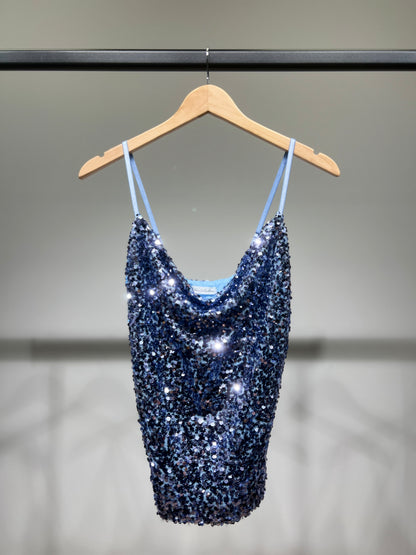 Débardeur Festif à Sequins à Bretelles Fines Ajustables Col Bénitier
