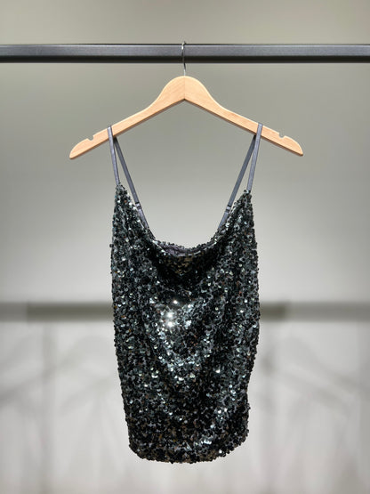 Débardeur Festif à Sequins à Bretelles Fines Ajustables Col Bénitier